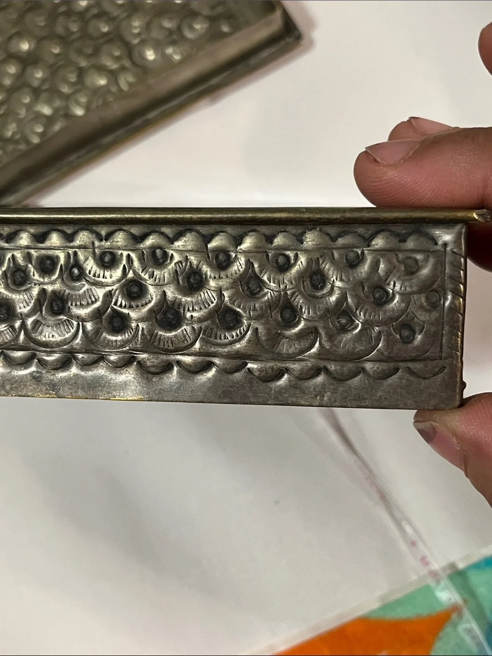 Antique Gold and Tan Embossed Metal Vanity Slide Box